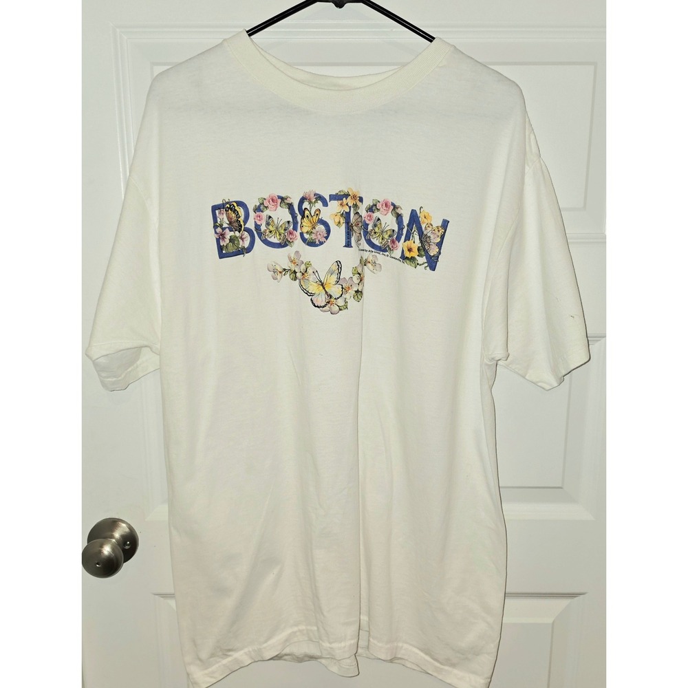 Air Waves Boston Graphic T-Shirt Women XL White Cotton Vintage Floral Butterfly